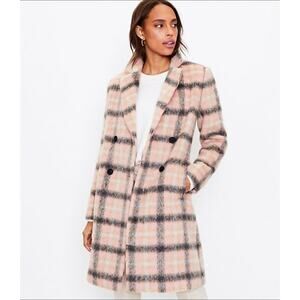 LOFT Plaid Double Breasted Coat - Pink / Charcoal